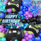 FEYG 120PCS Video Game Balloon Arch Kit – Blue Purple Green Black Balloons with 4D Game Handle Foil Balloons
