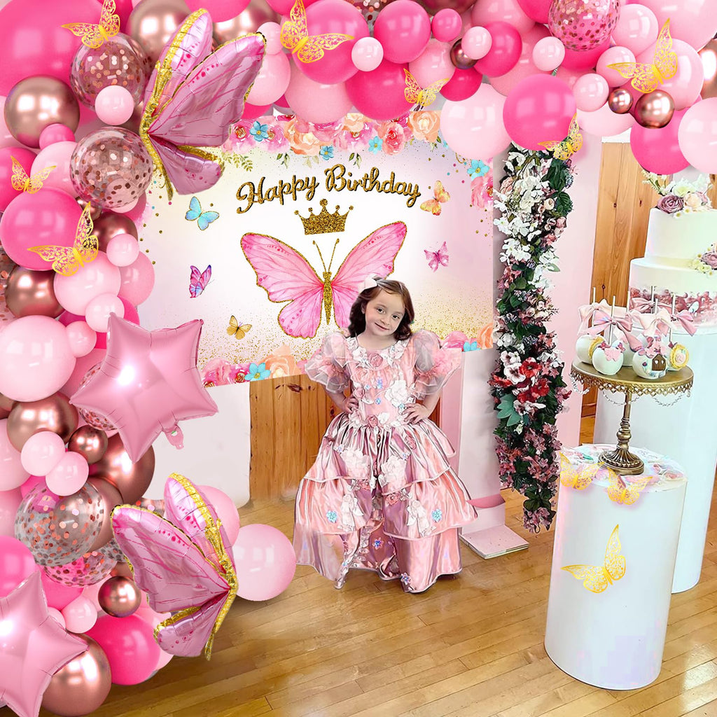 FengRise Pink Balloon Arch Kit – 106 Supplies for a Girl’s Birthday Party with Butterfly Balloons & Backdrop