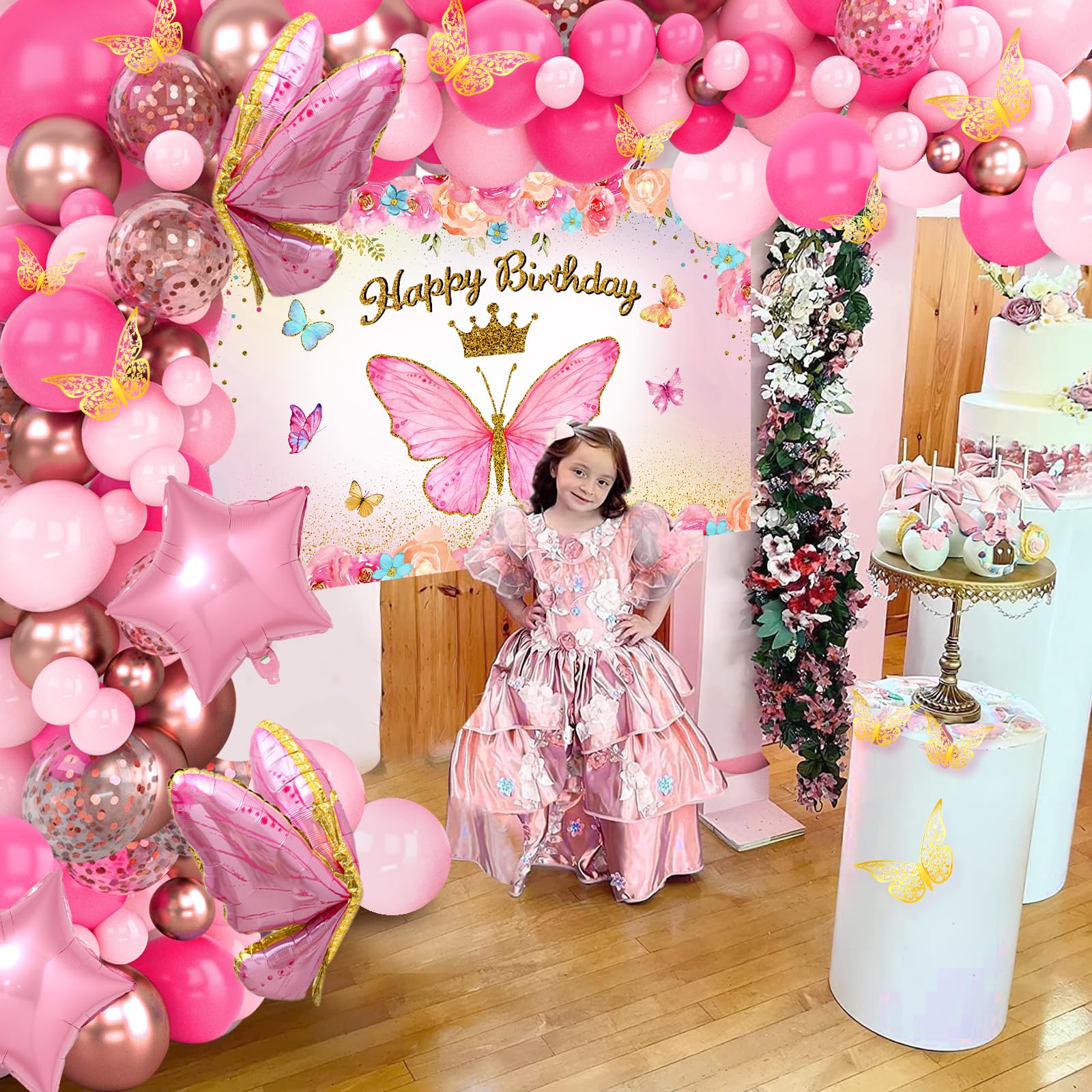 FengRise Pink Balloon Arch Kit – 106 Supplies for a Girl’s Birthday Party with Butterfly Balloons & Backdrop