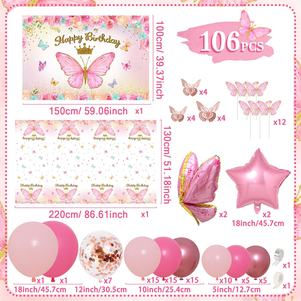 FengRise Pink Balloon Arch Kit – 106 Supplies for a Girl’s Birthday Party with Butterfly Balloons & Backdrop
