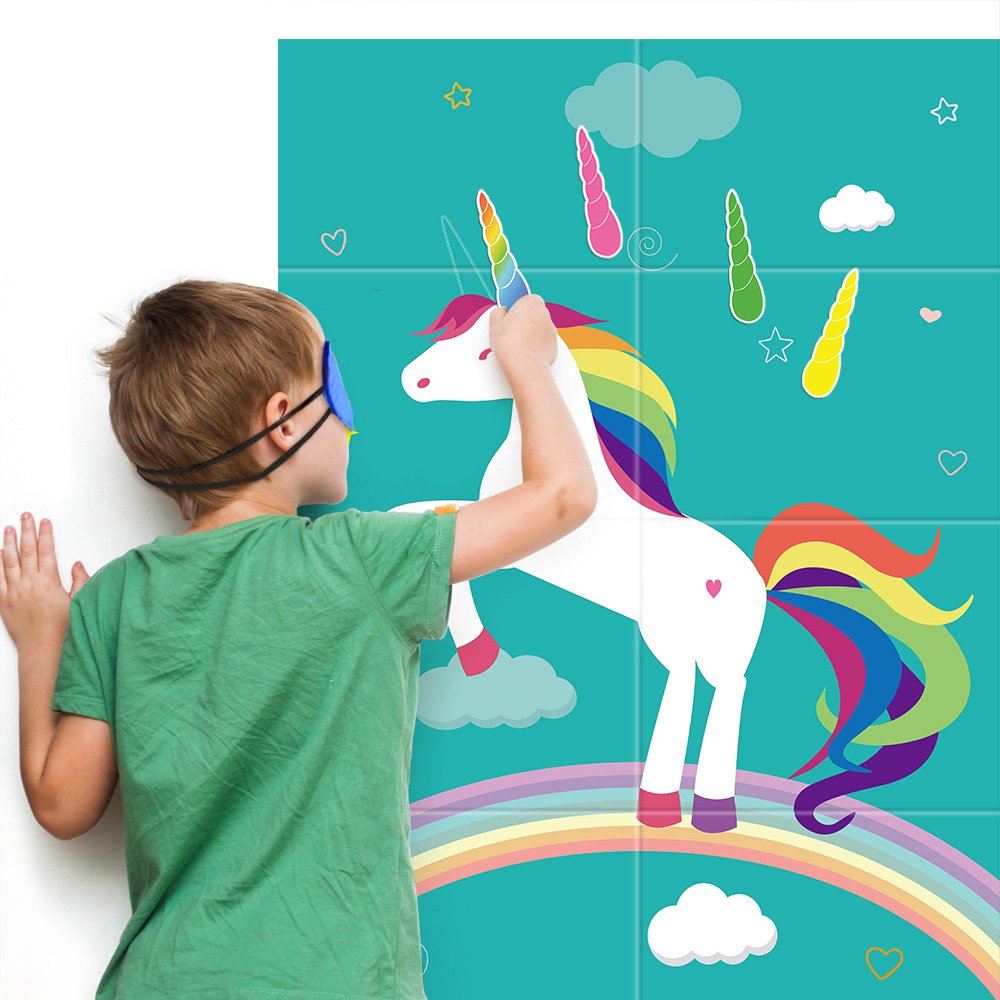 FEPITO Pin the Horn on Unicorn – Kids Party Game with 24 Horn Stickers & 28x21 Poster