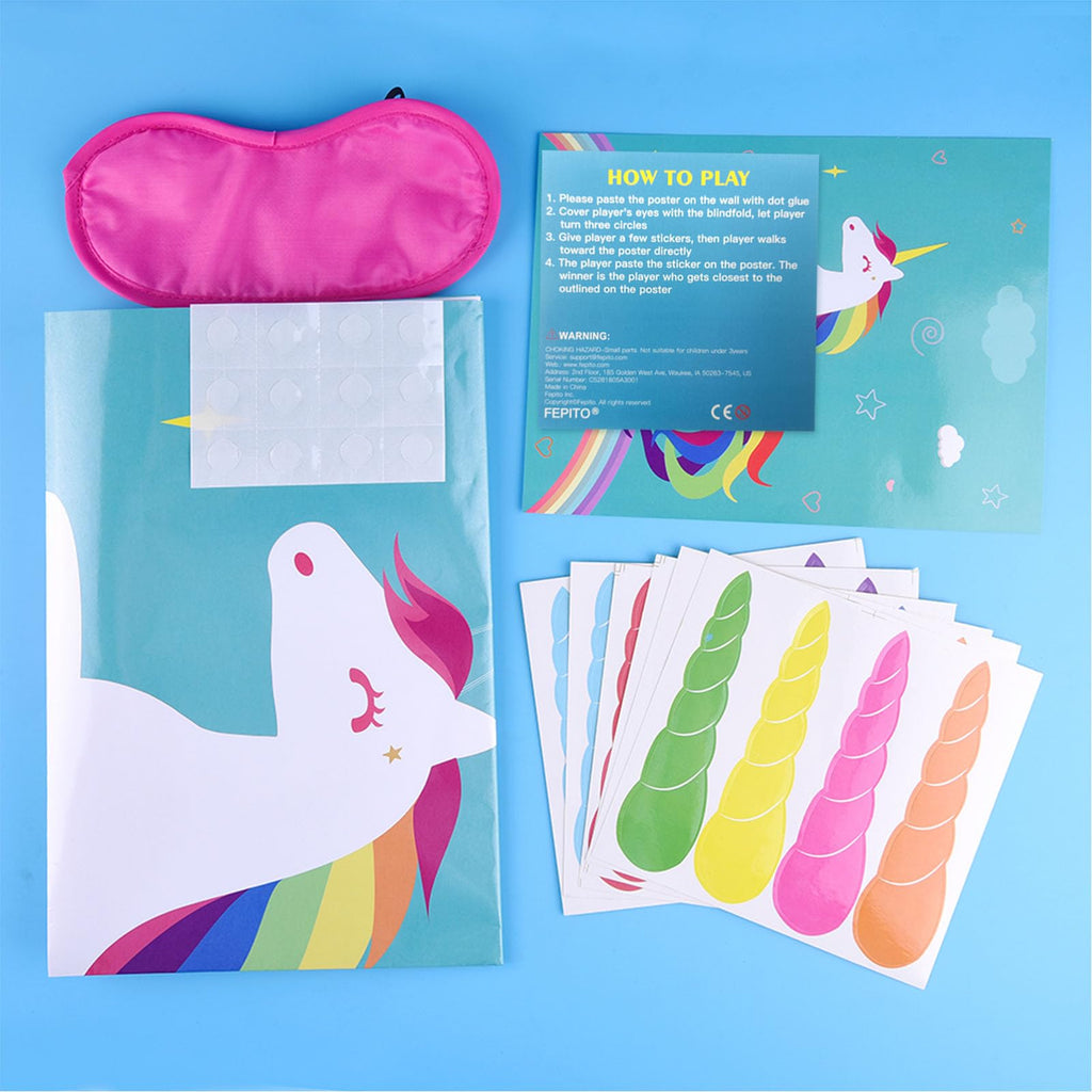 FEPITO Pin the Horn on Unicorn – Kids Party Game with 24 Horn Stickers & 28x21 Poster