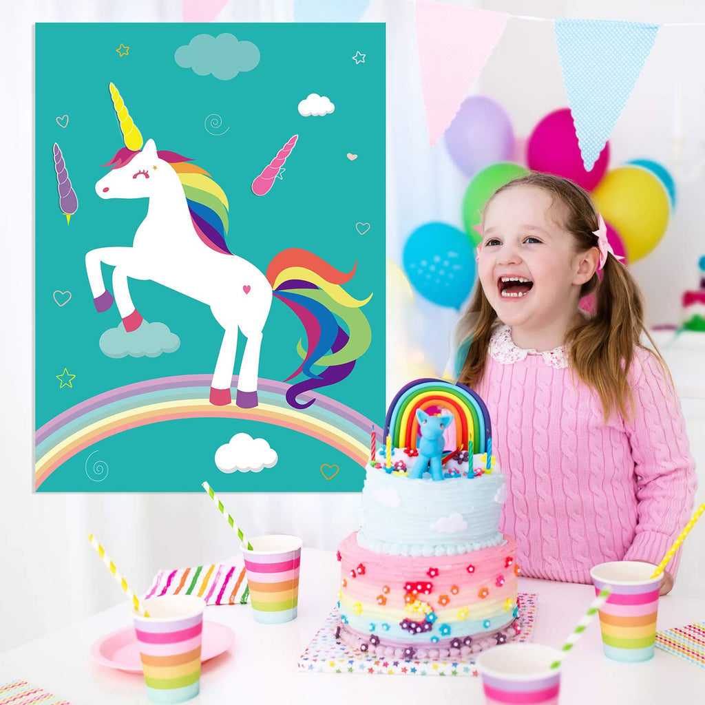 FEPITO Pin the Horn on Unicorn – Kids Party Game with 24 Horn Stickers & 28x21 Poster