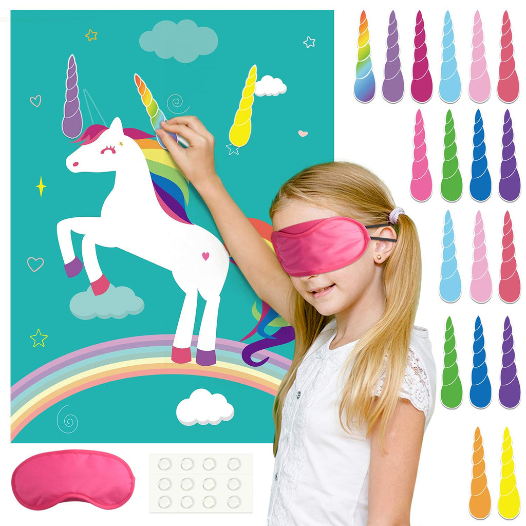 FEPITO Pin the Horn on Unicorn – Kids Party Game with 24 Horn Stickers & 28x21 Poster