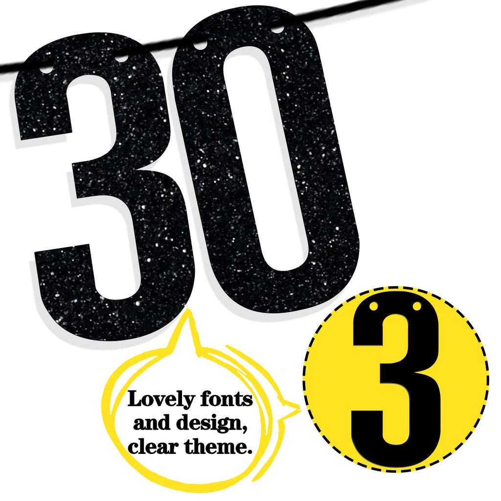 Ferburitar 0 To 30 Real Quick Banner – 30th Birthday Decorations, Black Glitter