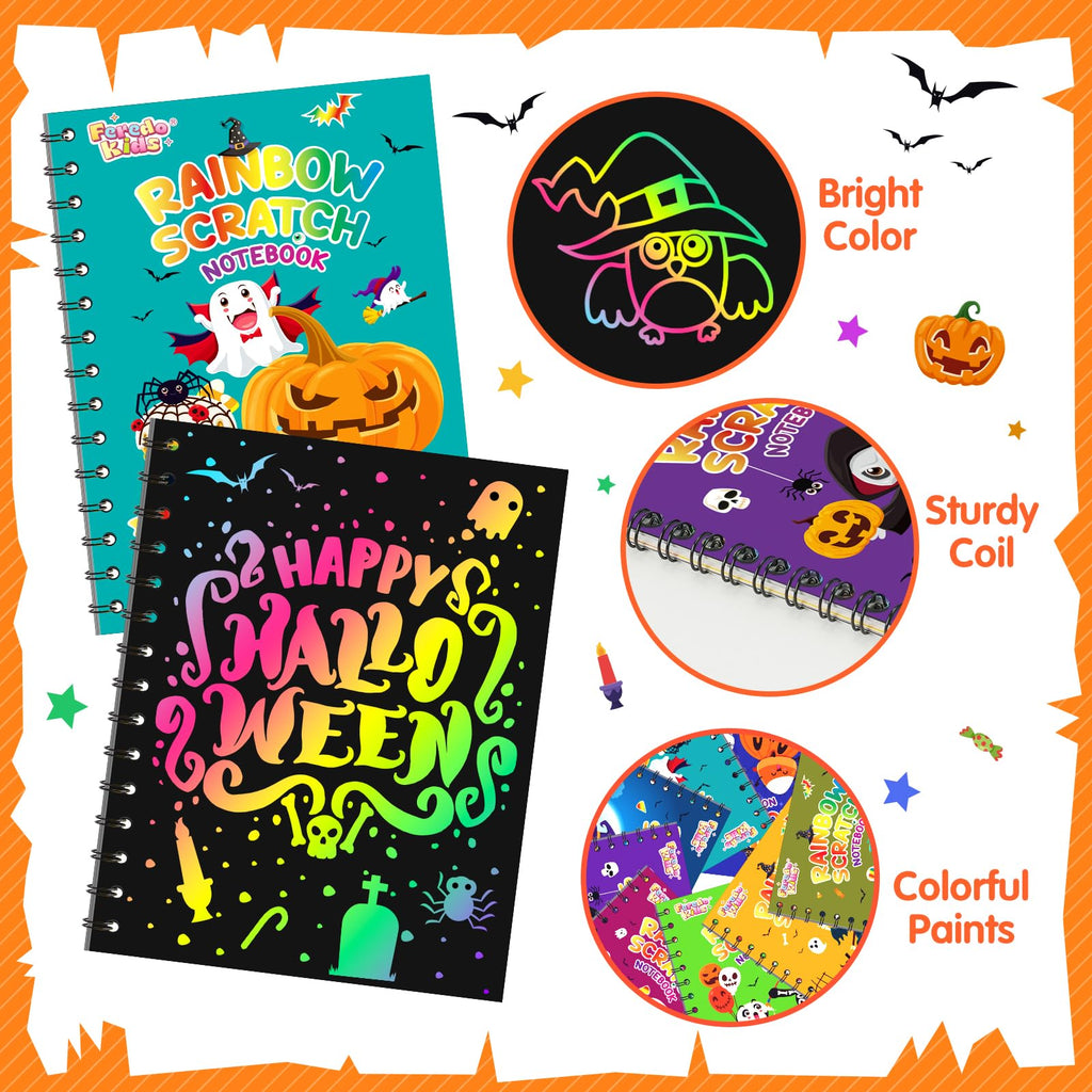 FEREDO KIDS Halloween Rainbow Scratch Art Notebooks – 24 Pack Bulk Party Favors