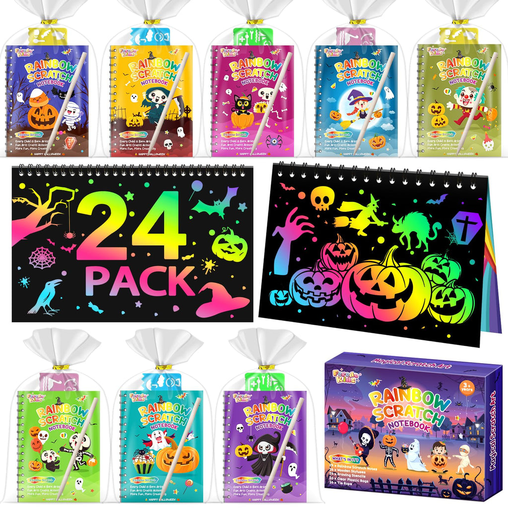 FEREDO KIDS Halloween Rainbow Scratch Art Notebooks – 24 Pack Bulk Party Favors
