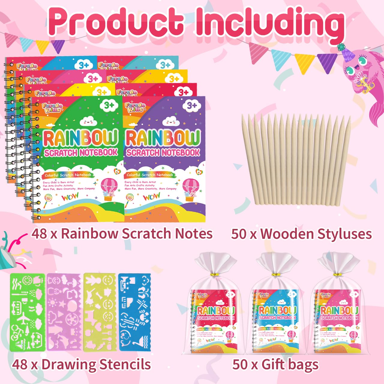 FEREDO KIDS 48-Pack Rainbow Scratch Art Notebooks – Mess-Free Party Favors & Classroom Rewards