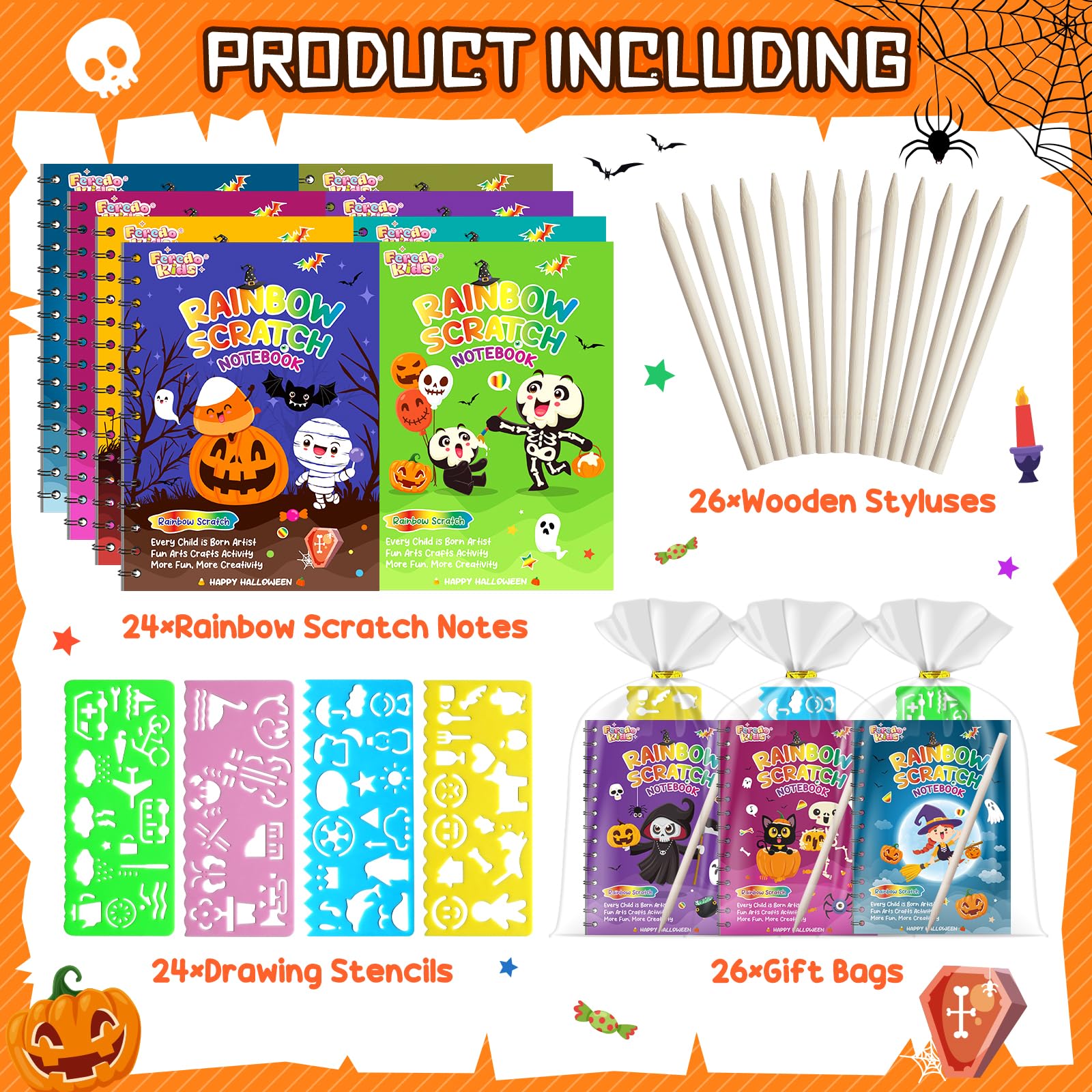 FEREDO KIDS Halloween Rainbow Scratch Art Notebooks – 24 Pack Bulk Party Favors