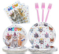 Fesciory Cat Birthday Party Set — 96 Pcs Plates, Napkins & Forks (Serves 24)