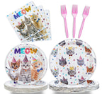 Fesciory Cat Birthday Party Set — 96 Pcs Plates, Napkins & Forks (Serves 24)