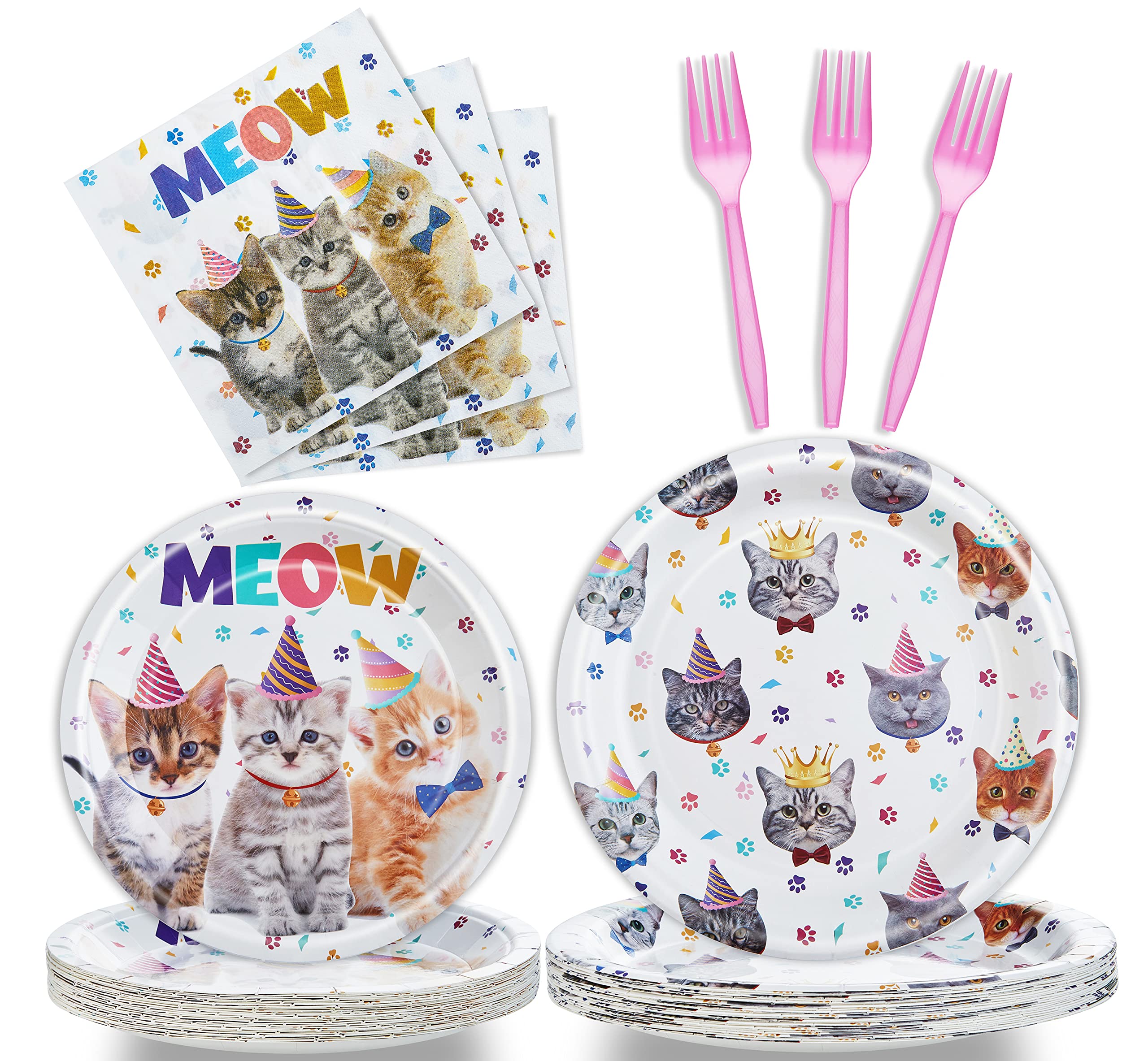 Fesciory Cat Birthday Party Set — 96 Pcs Plates, Napkins & Forks (Serves 24)
