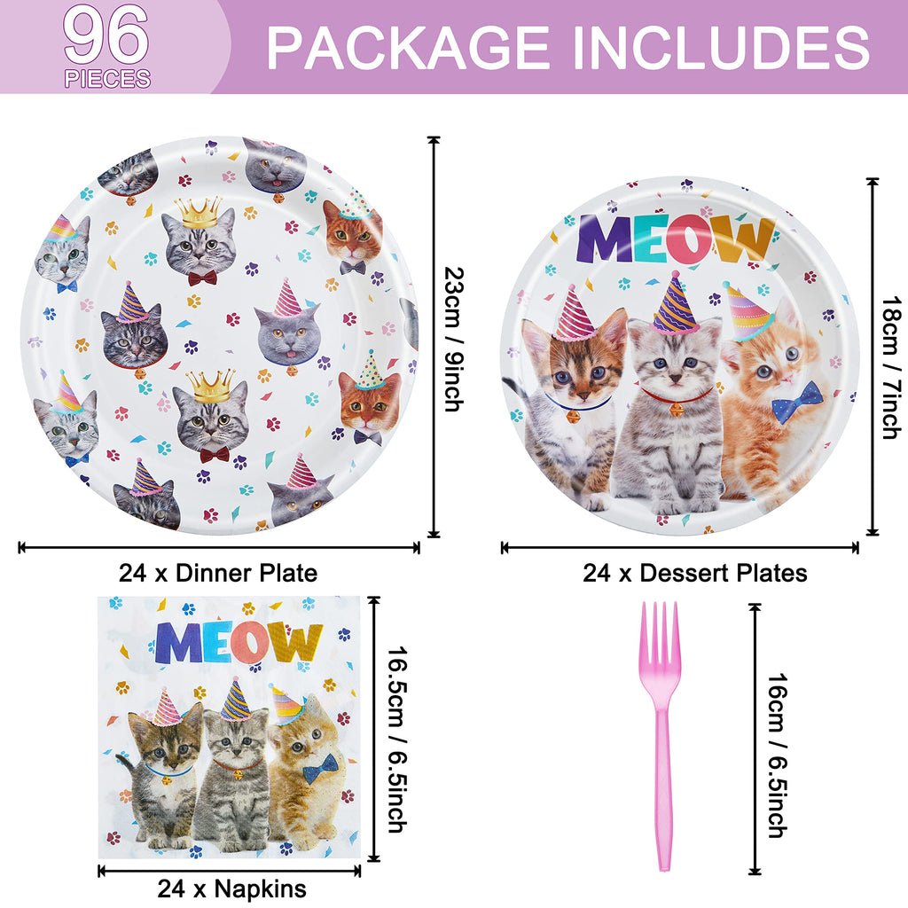 Fesciory Cat Birthday Party Set — 96 Pcs Plates, Napkins & Forks (Serves 24)