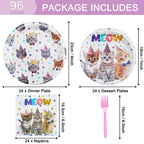 Fesciory Cat Birthday Party Set — 96 Pcs Plates, Napkins & Forks (Serves 24)