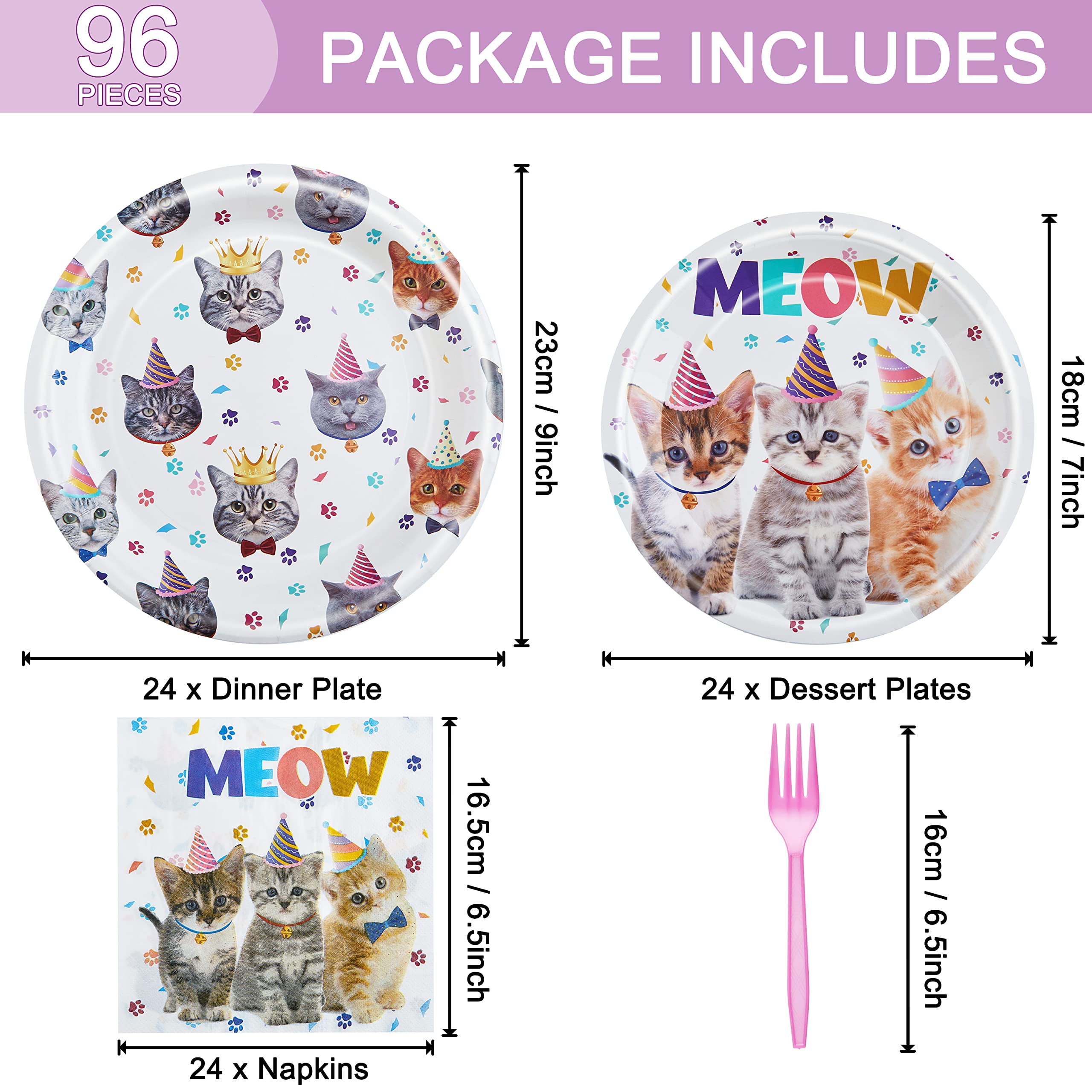 Fesciory Cat Birthday Party Set — 96 Pcs Plates, Napkins & Forks (Serves 24)