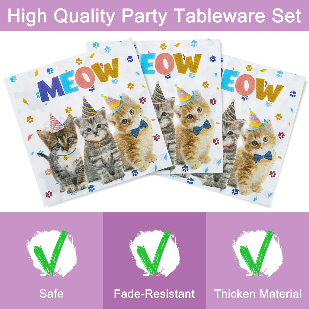 Fesciory Cat Birthday Party Set — 96 Pcs Plates, Napkins & Forks (Serves 24)