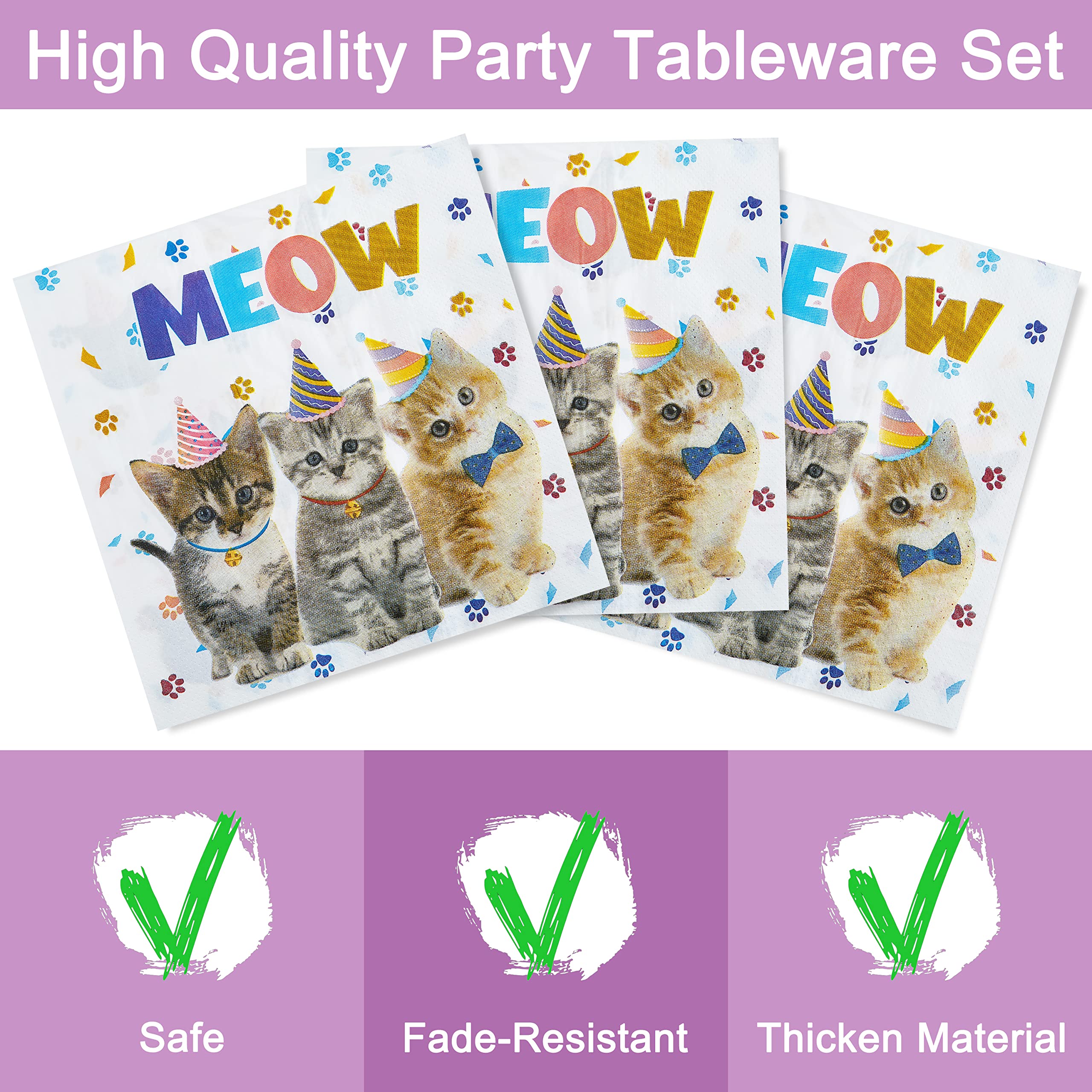 Fesciory Cat Birthday Party Set — 96 Pcs Plates, Napkins & Forks (Serves 24)
