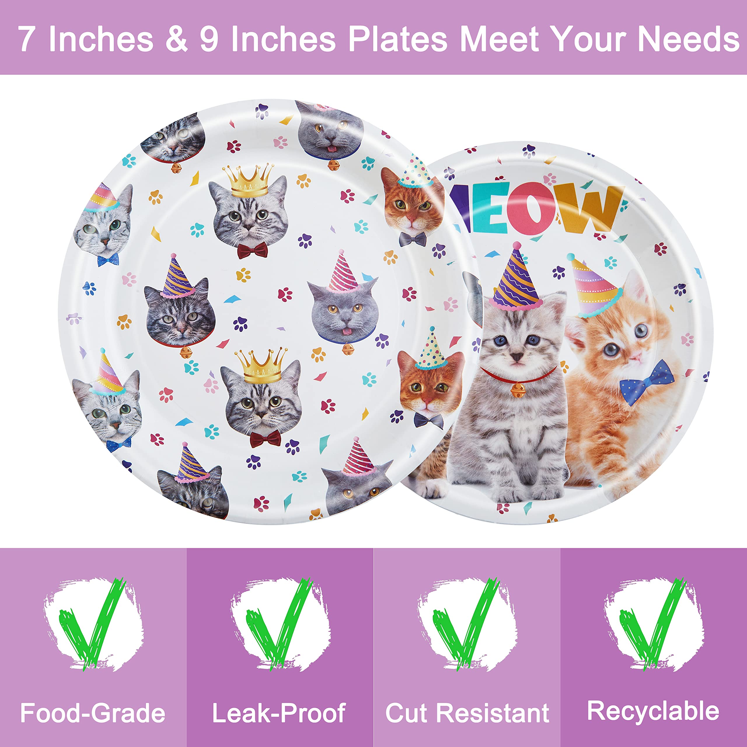 Fesciory Cat Birthday Party Set — 96 Pcs Plates, Napkins & Forks (Serves 24)