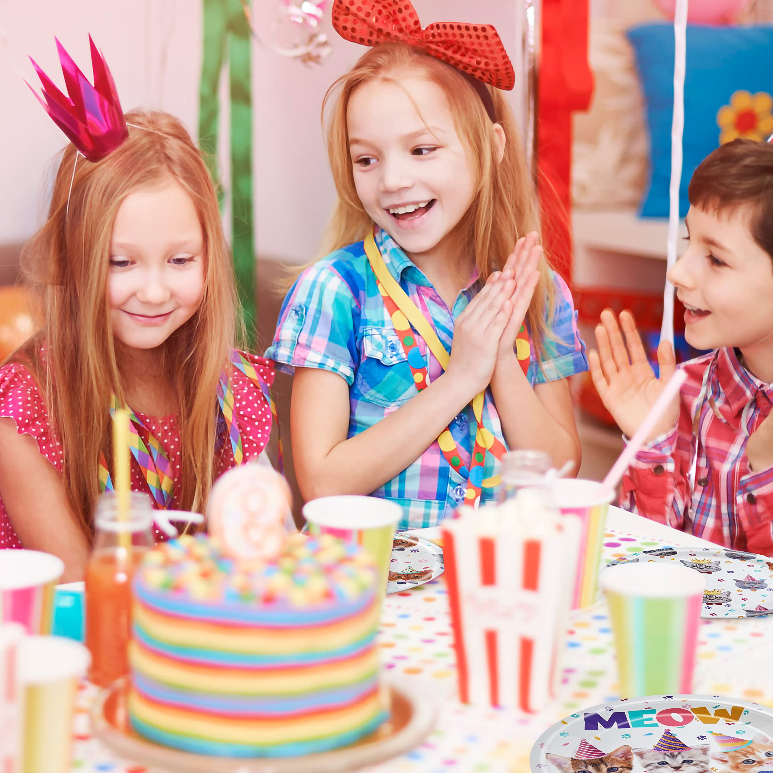 Fesciory Cat Birthday Party Set — 96 Pcs Plates, Napkins & Forks (Serves 24)