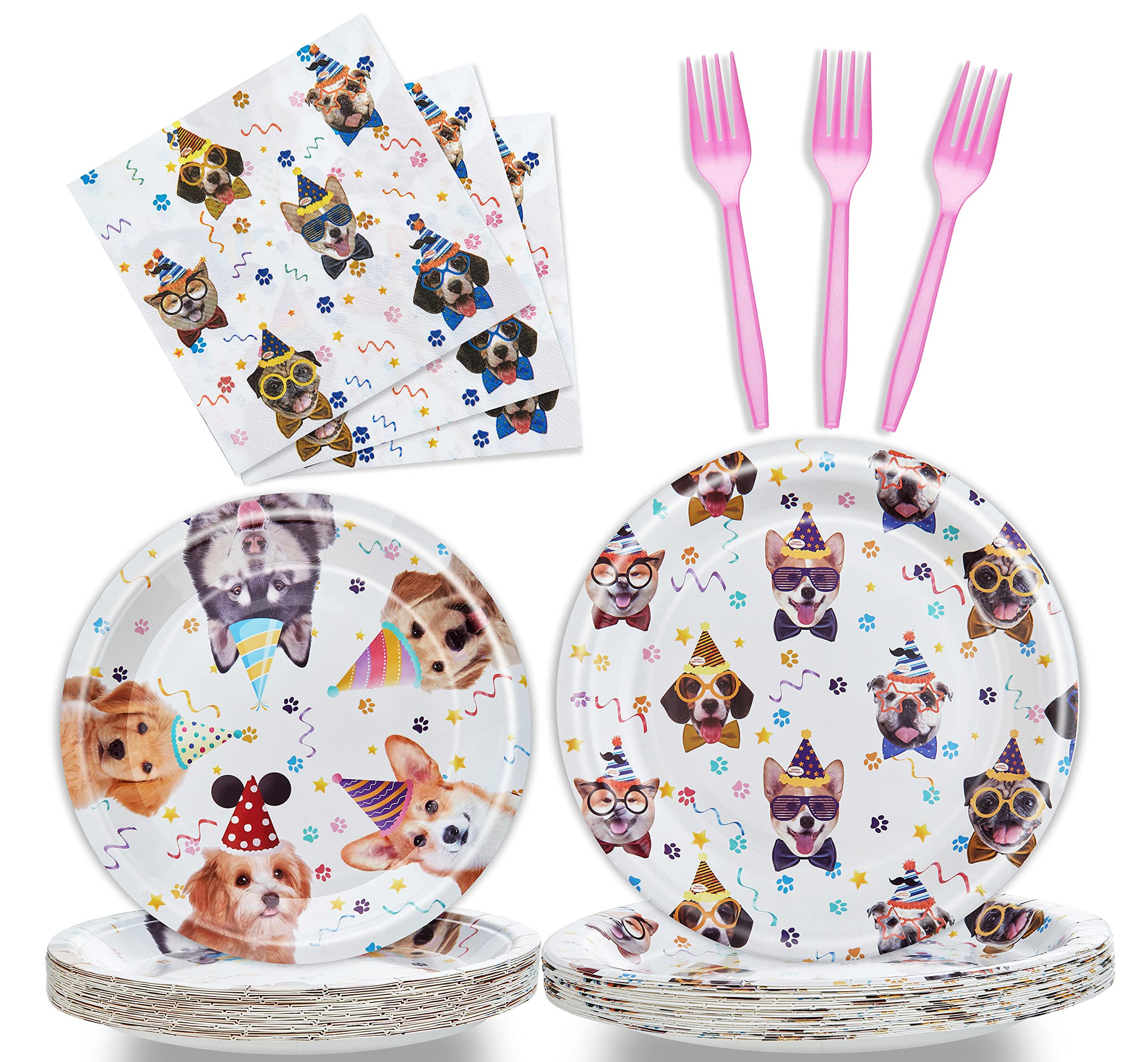 Fesciory 96 Pcs Dog Birthday Party Plates Napkins Forks Set – Serves 24