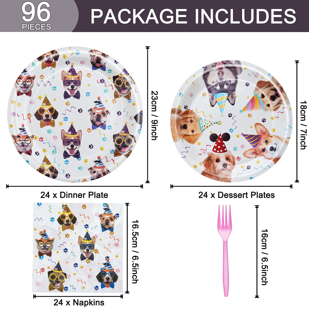 Fesciory 96 Pcs Dog Birthday Party Plates Napkins Forks Set – Serves 24