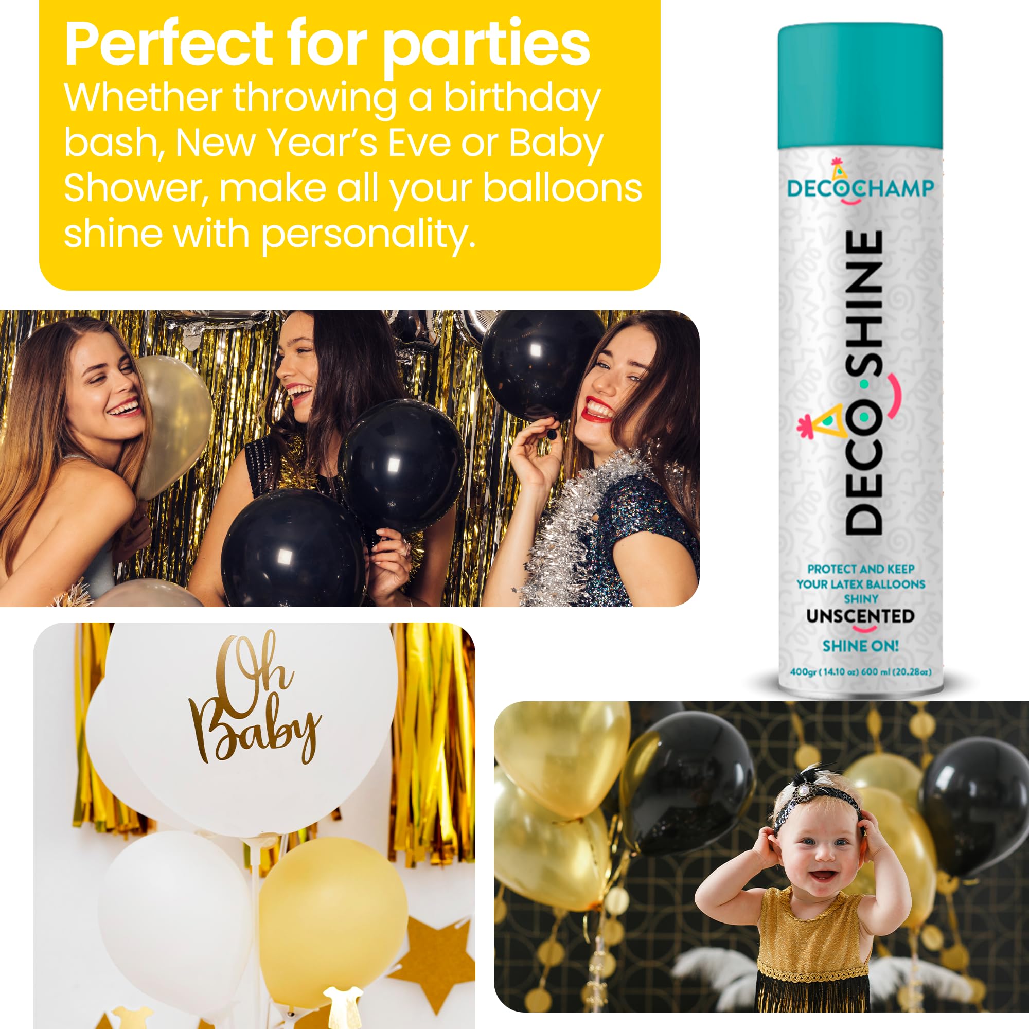 DECOCHAMP Balloon Shine Spray 20.28 oz – High-Gloss, No-Wipe Finish for Latex Balloons | FESTI