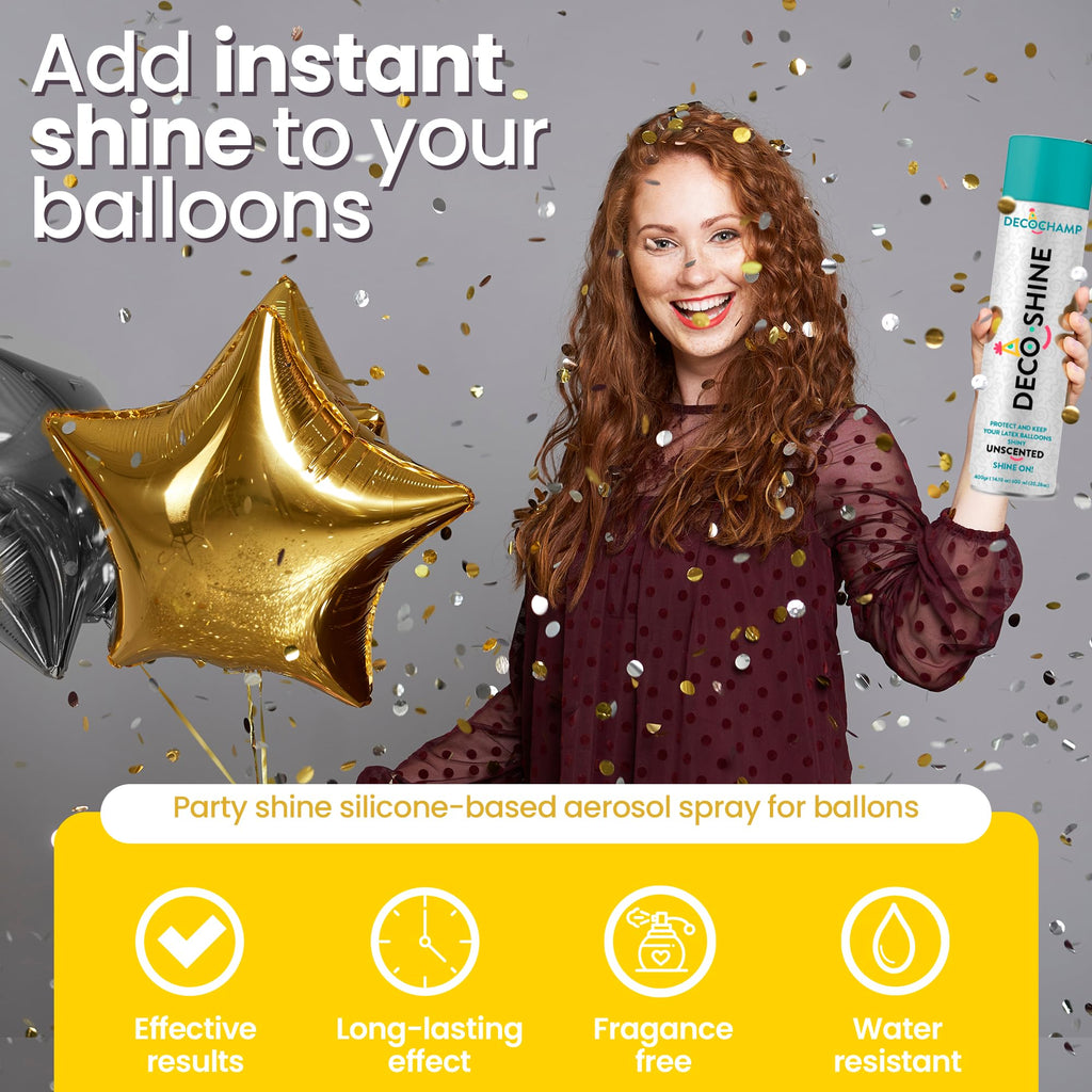 DECOCHAMP Balloon Shine Spray 20.28 oz – High-Gloss, No-Wipe Finish for Latex Balloons | FESTI