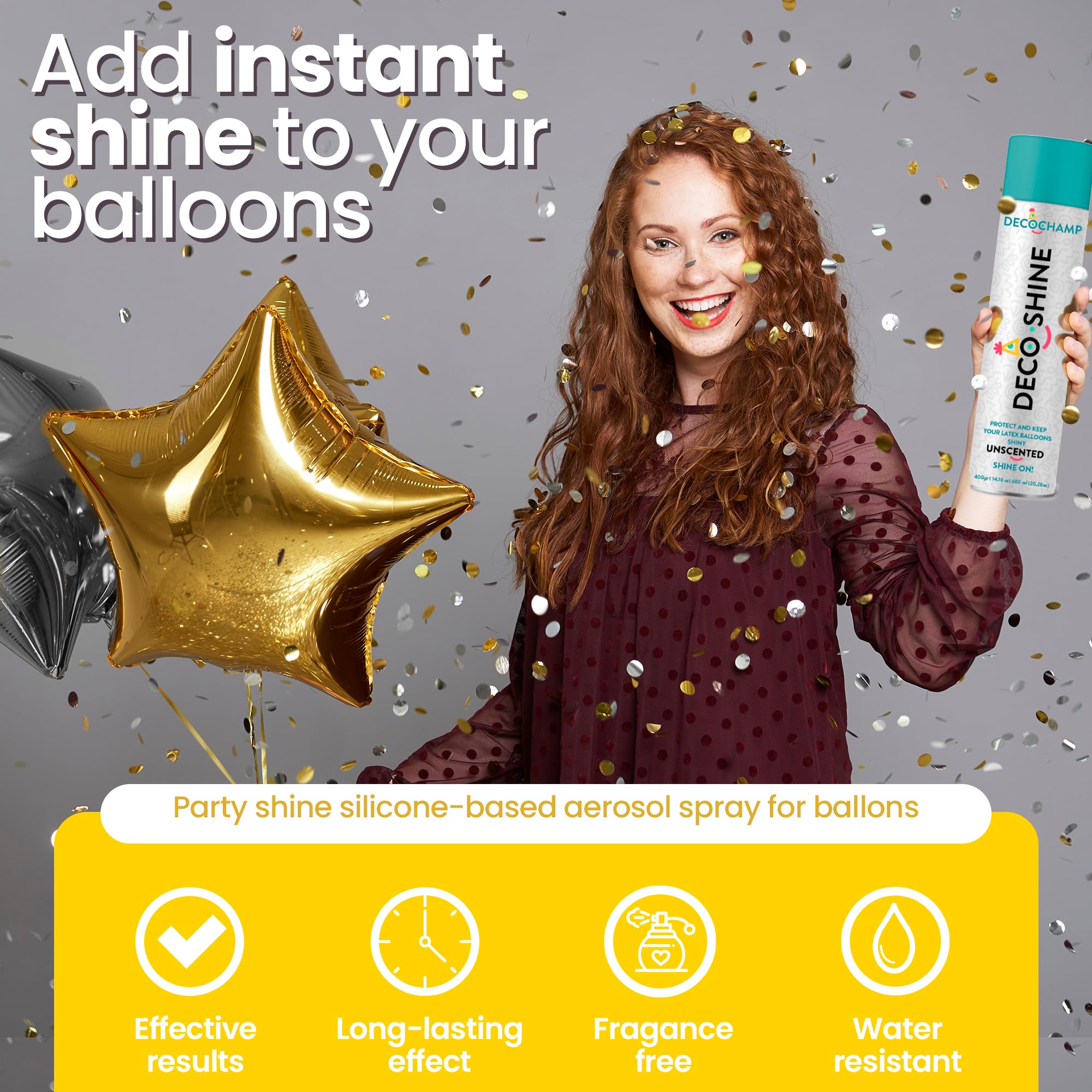DECOCHAMP Balloon Shine Spray 20.28 oz – High-Gloss, No-Wipe Finish for Latex Balloons | FESTI