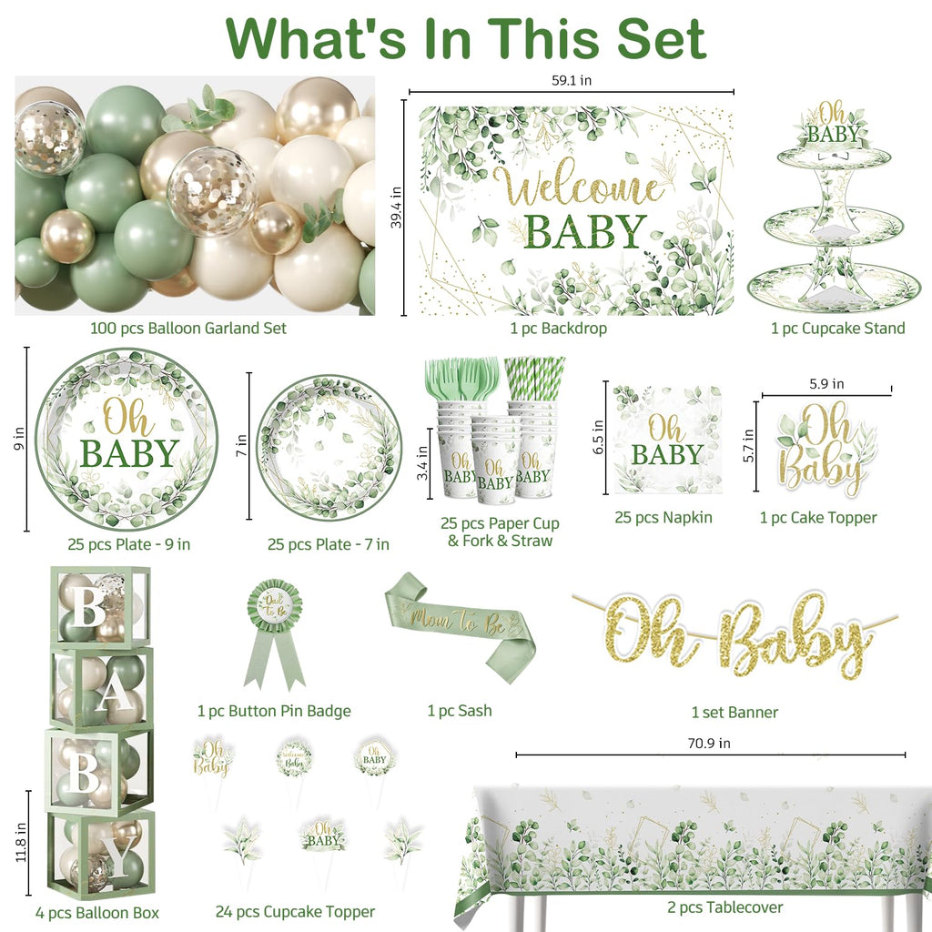 Fexivo 286 Pcs Sage Green Baby Shower Decorations Set — Serves 25 Guests | All-in-One Party Kit