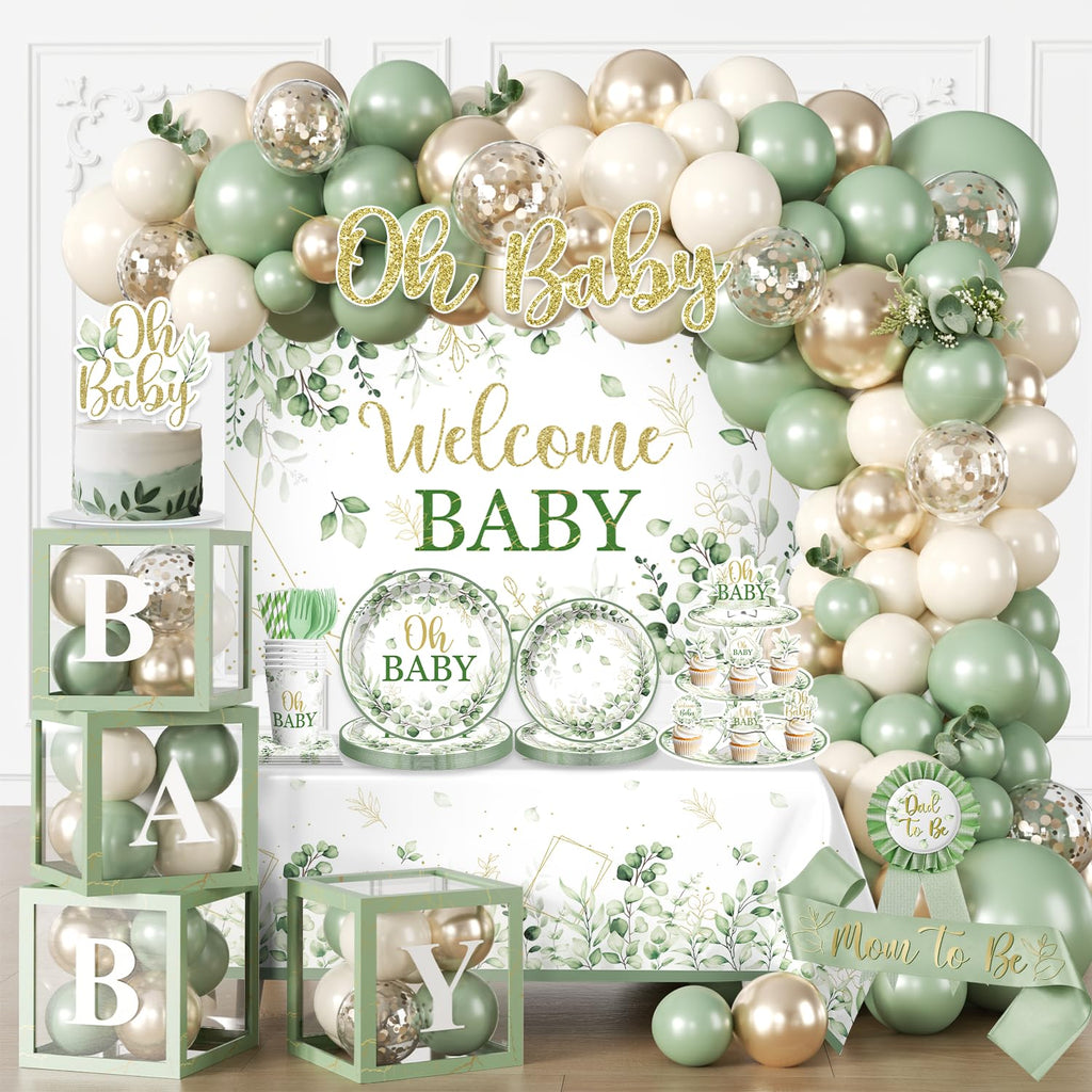 Fexivo 286 Pcs Sage Green Baby Shower Decorations Set — Serves 25 Guests | All-in-One Party Kit