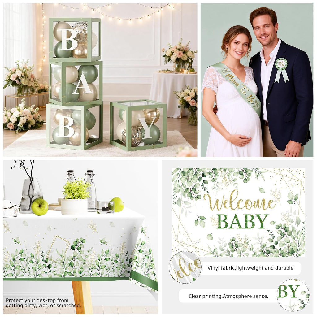 Fexivo 286 Pcs Sage Green Baby Shower Decorations Set — Serves 25 Guests | All-in-One Party Kit