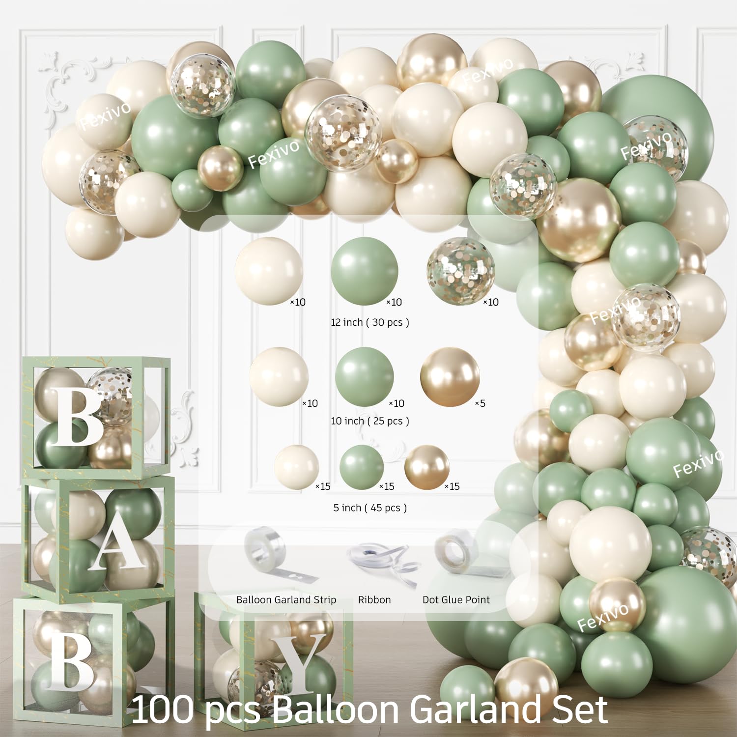Fexivo 286 Pcs Sage Green Baby Shower Decorations Set — Serves 25 Guests | All-in-One Party Kit