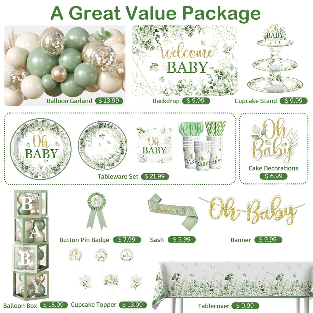 Fexivo 286 Pcs Sage Green Baby Shower Decorations Set — Serves 25 Guests | All-in-One Party Kit