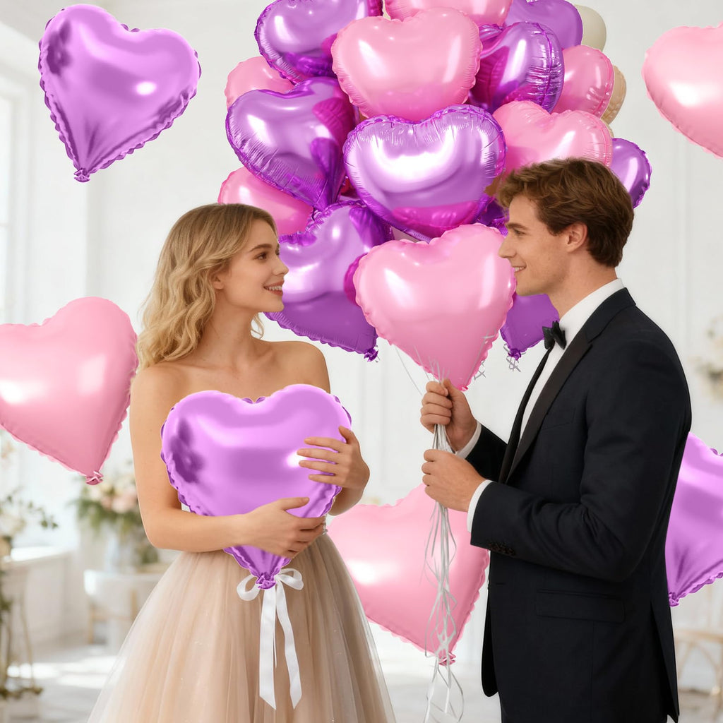 FEYG Pink Purple Heart Foil Balloons – 15 Pack, 18-Inch Heart Decor for Valentine’s Day, Weddings & Parties