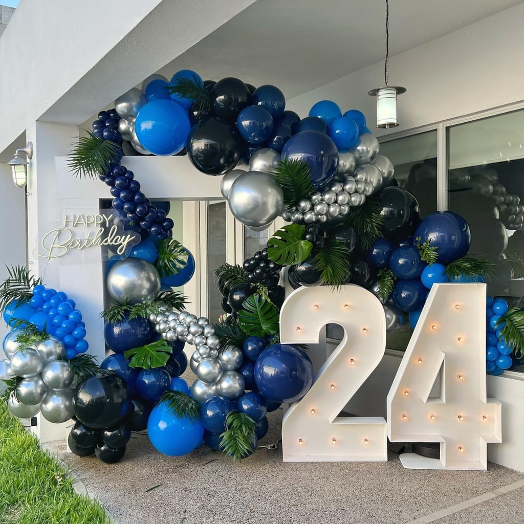 FEYG Blue and Black Balloons – 50pcs 12in Royal Blue, Black & Silver Confetti with Ribbon
