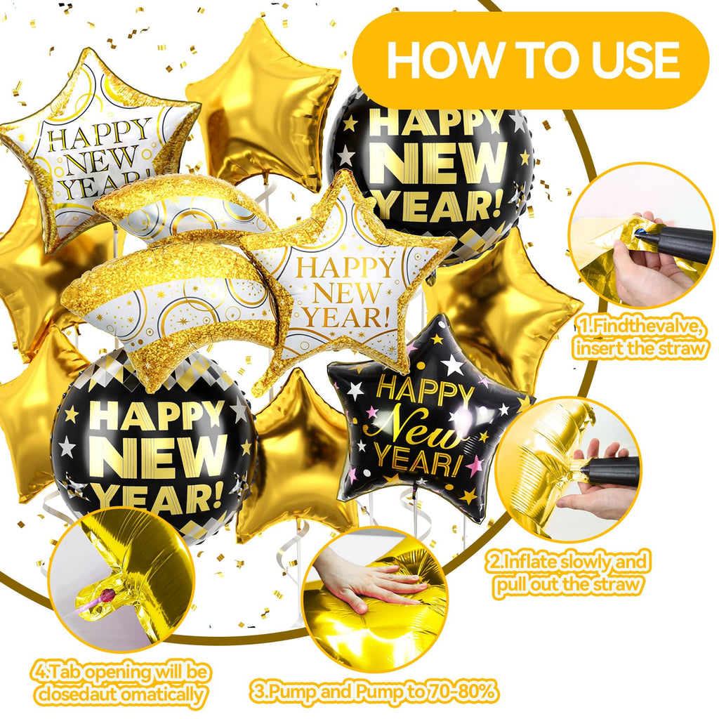 FEYG 18-Inch Black and Gold Happy New Year Balloons – Large Foil Balloons for 2026 Eve Party Decor