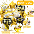 FEYG 18-Inch Black and Gold Happy New Year Balloons – Large Foil Balloons for 2026 Eve Party Decor