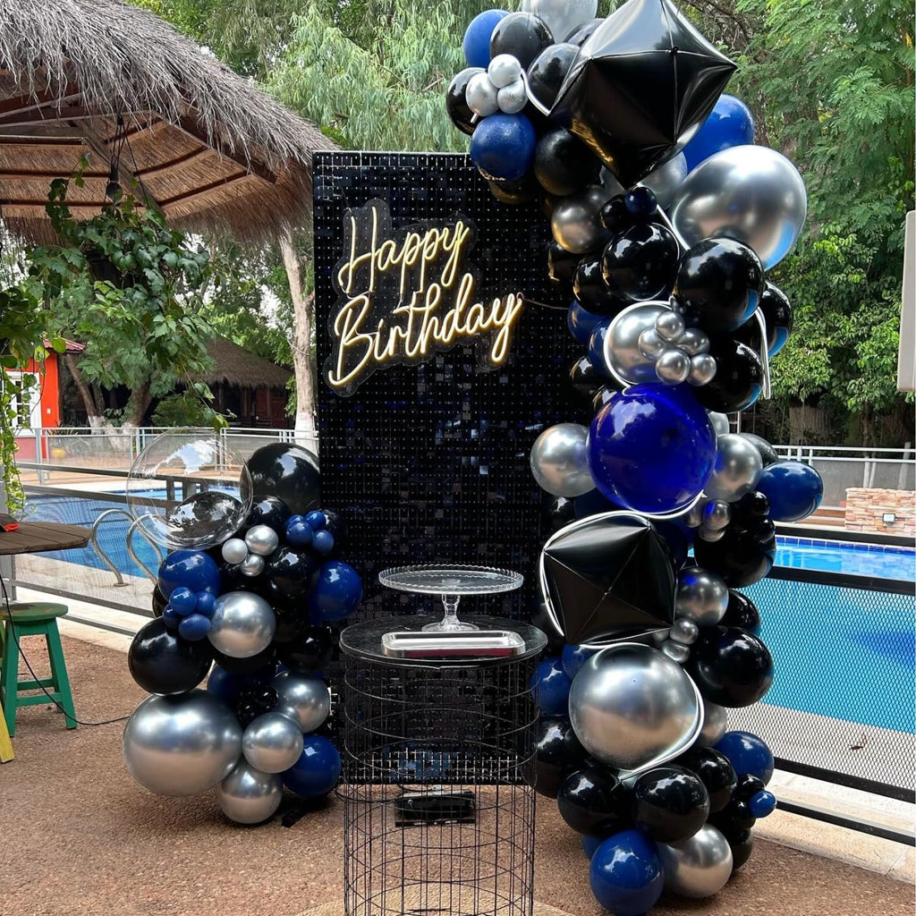FEYG Blue and Black Balloons – 50pcs 12in Royal Blue, Black & Silver Confetti with Ribbon