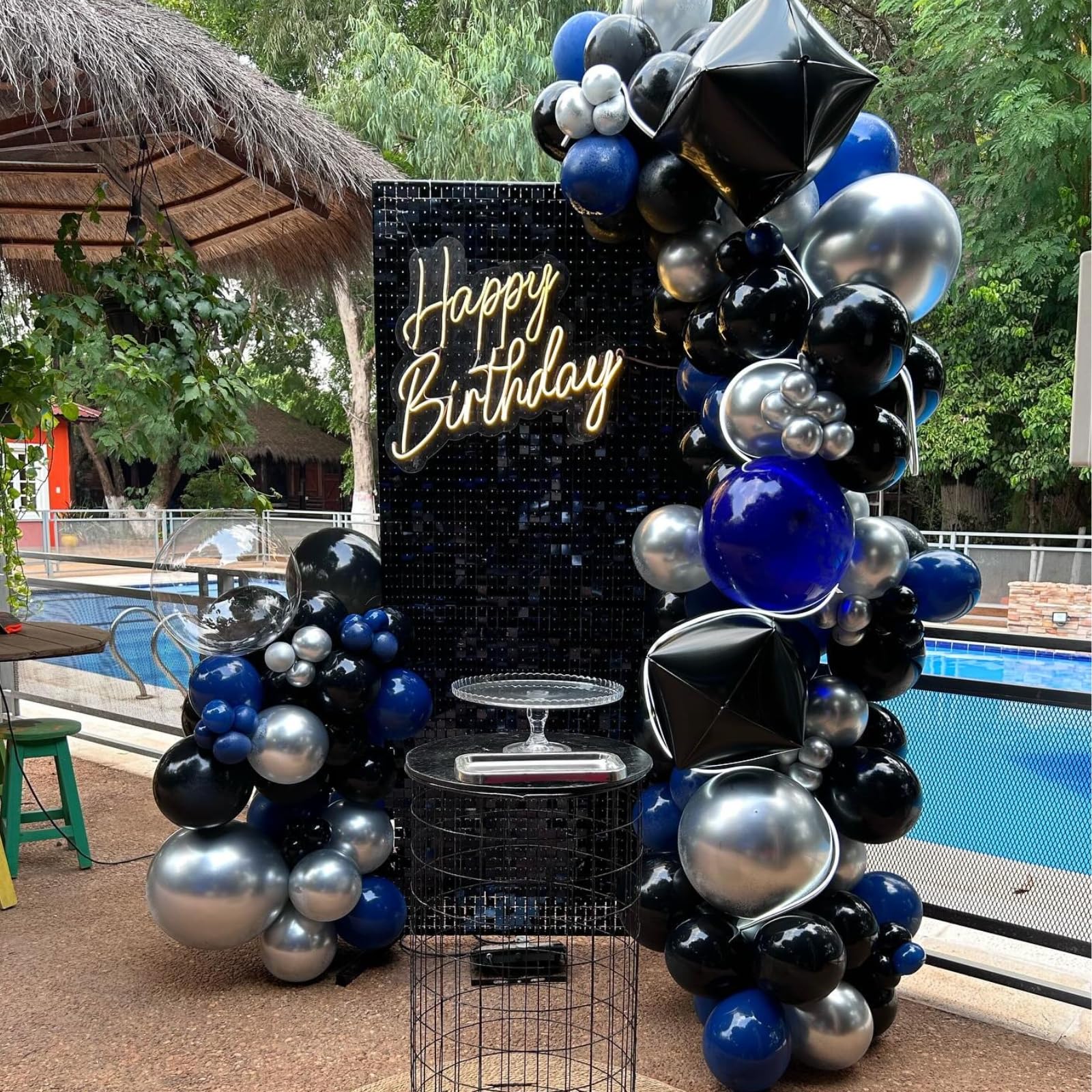 FEYG Blue and Black Balloons – 50pcs 12in Royal Blue, Black & Silver Confetti with Ribbon