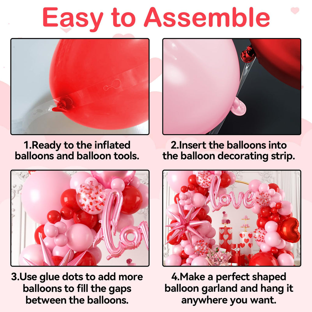 FEYG Valentine's Day Balloon Arch Kit – 121 Pcs Red & Pink Garland with Heart and Star Foil Balloons