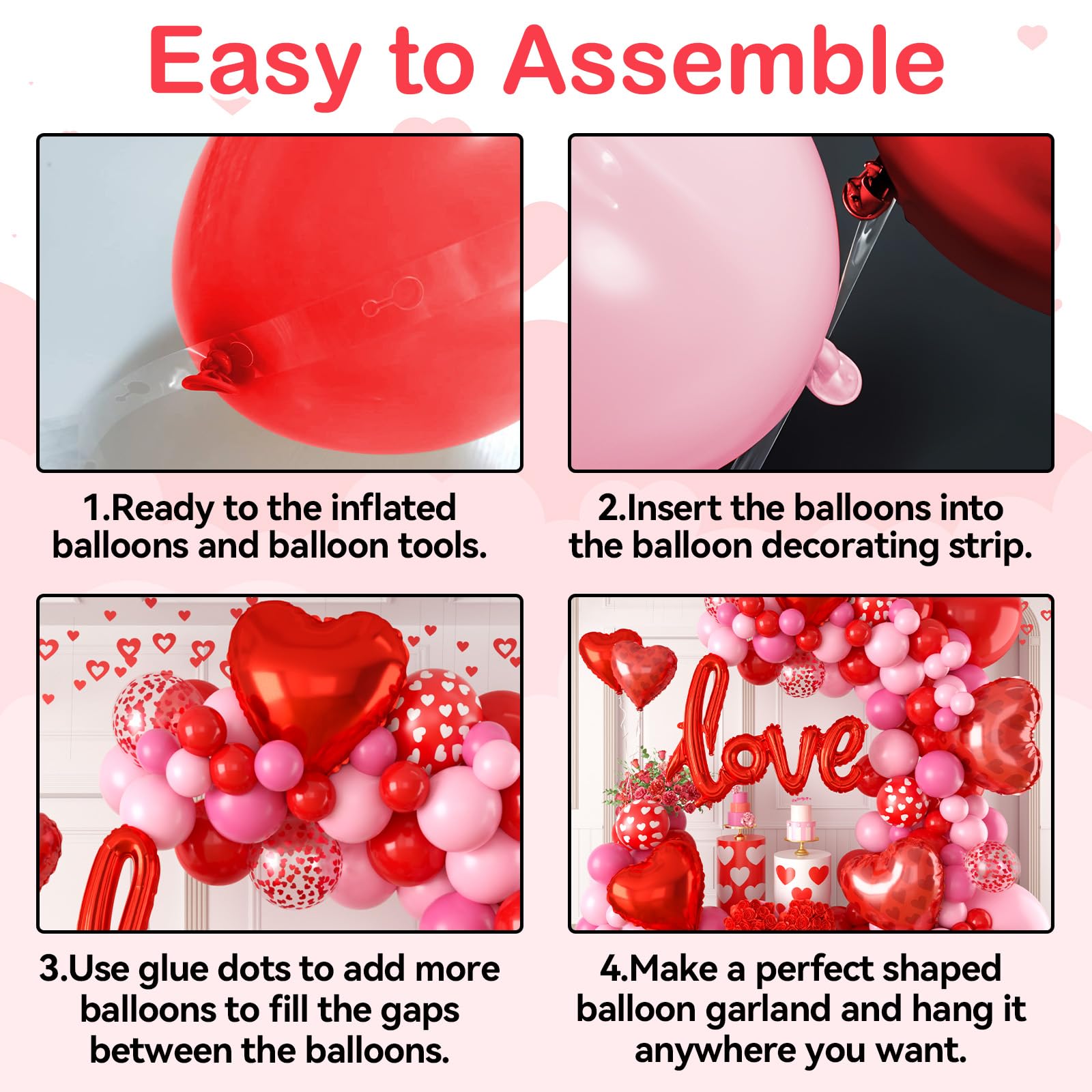 FEYG Valentine's Day Balloon Arch Kit – 121 PCS Hot Pink & Red Balloons + Love Letters