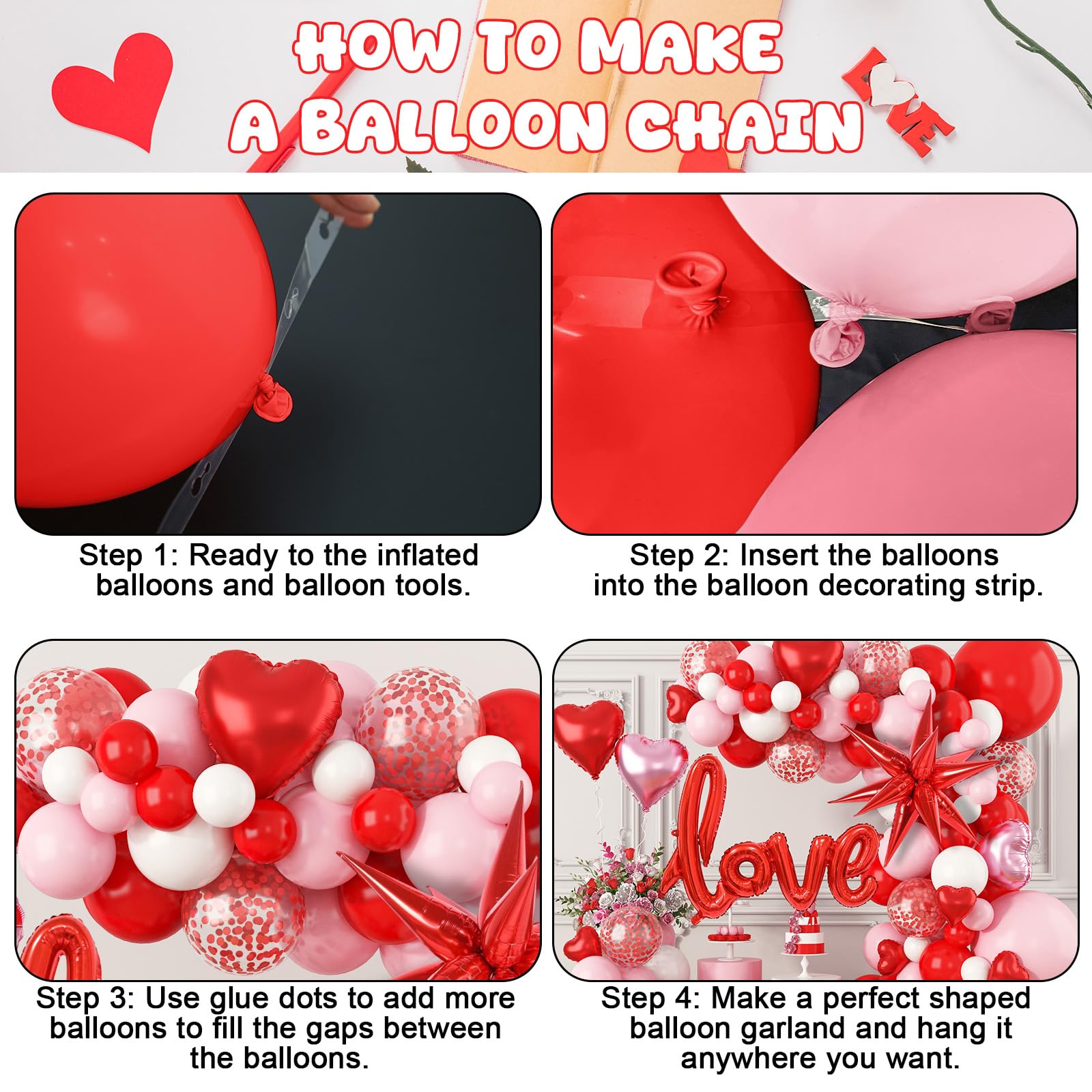 FEYG Valentines Day Balloon Arch Kit | 121 Pcs Red Pink White Garland with Heart & Love Foil Balloons