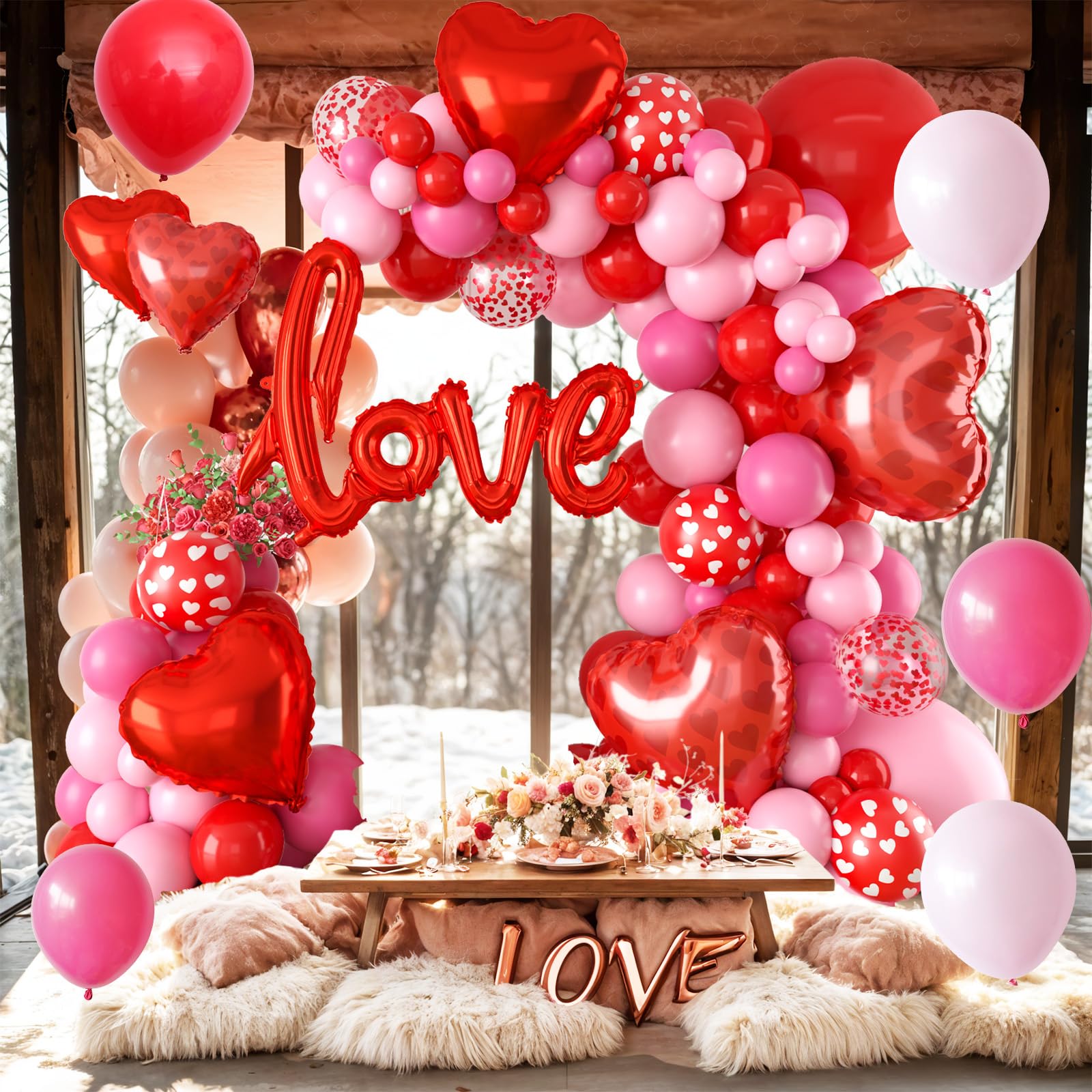 FEYG Valentine's Day Balloon Arch Kit – 121 PCS Hot Pink & Red Balloons + Love Letters
