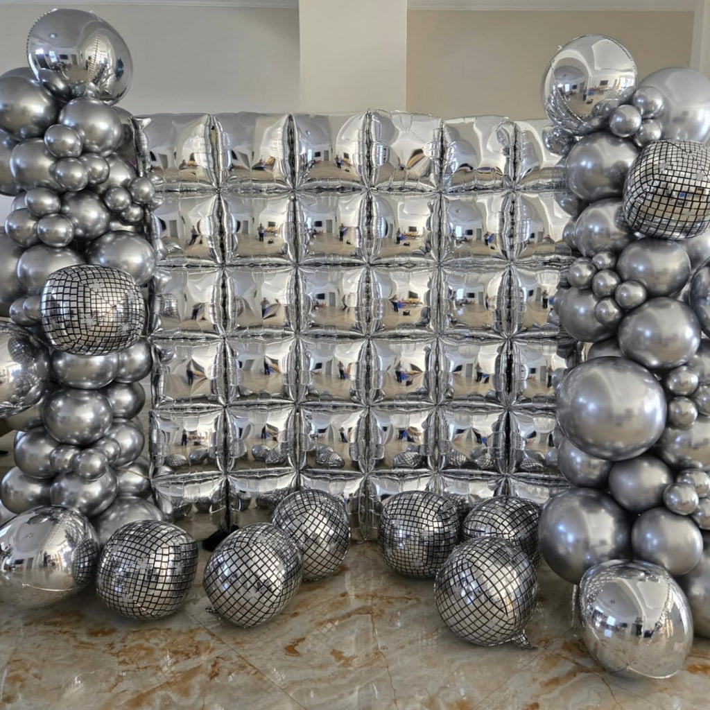 FEYG Metallic Silver Double-Sided Square Foil Balloons Wall Kit – 25x19in Backdrop for Weddings, Parties, and Celebrations