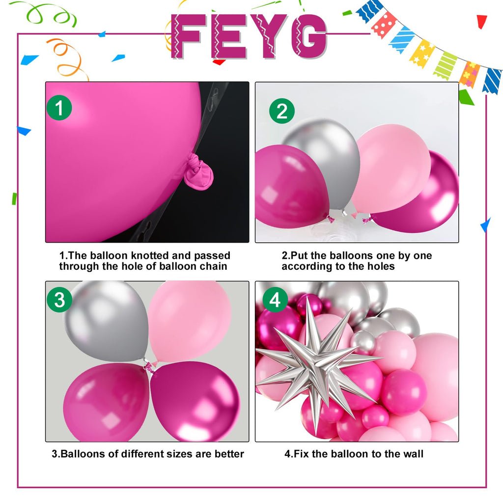 FEYG Pink & Silver Balloon Arch Kit – 120pcs Pastel Pink, Hot Pink & Silver 4D Star Balloons