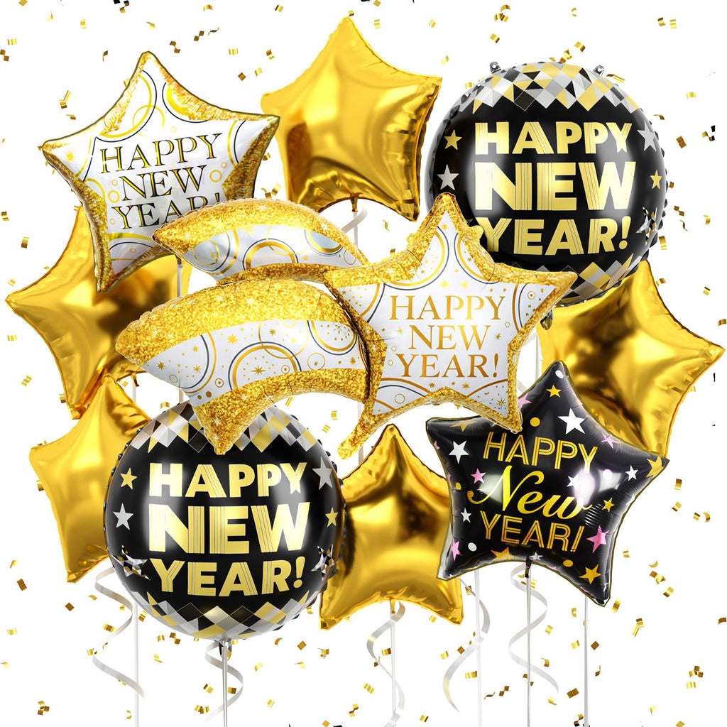 FEYG 18-Inch Black and Gold Happy New Year Balloons – Large Foil Balloons for 2026 Eve Party Decor
