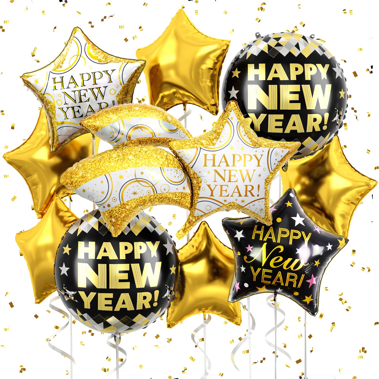 FEYG 18-Inch Black and Gold Happy New Year Balloons – Large Foil Balloons for 2026 Eve Party Decor