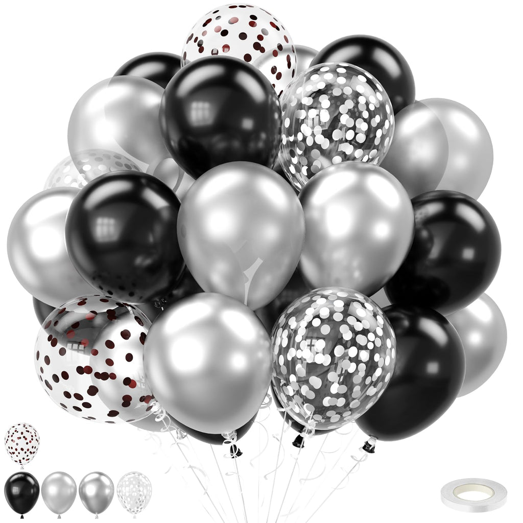 FEYG Black and Silver Balloons 12 Inch – 30pcs Metallic Confetti for Graduation and Birthday Parties