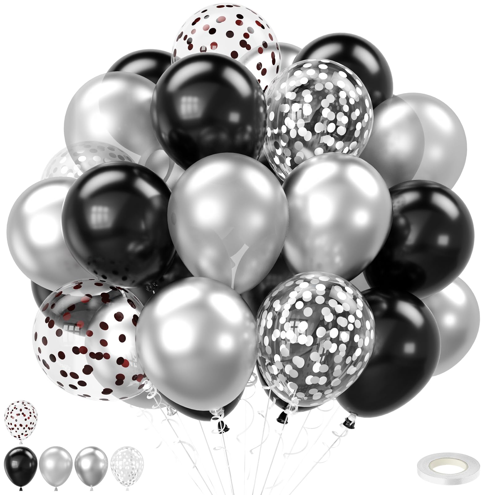 FEYG Black and Silver Balloons 12 Inch – 30pcs Metallic Confetti for Graduation and Birthday Parties