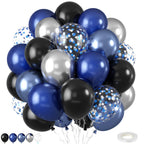 FEYG Blue and Black Balloons – 50pcs 12in Royal Blue, Black & Silver Confetti with Ribbon